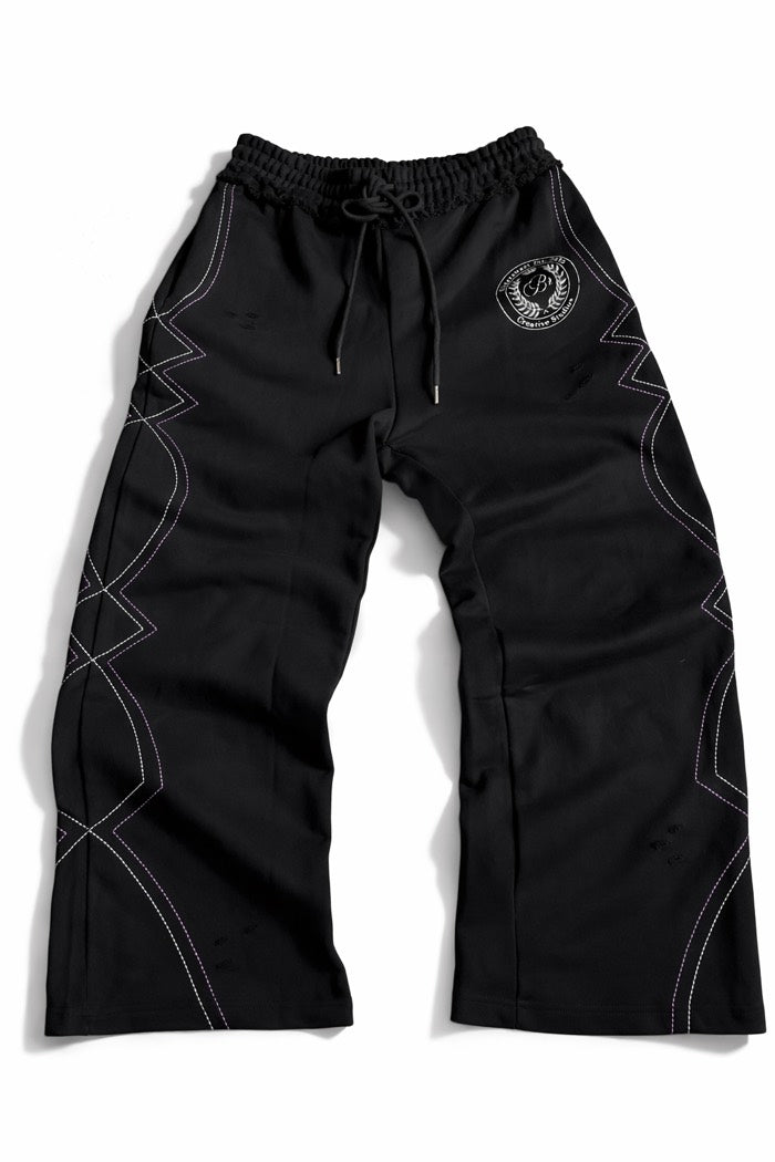 Royal Logo Sweats laid flat, front. Contrast stitching runs a zigzag down both outseams.